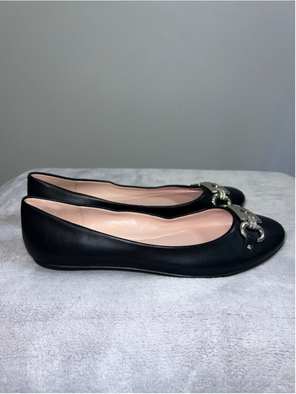 Kate Spade Black Leather Ballet Flats Silver Spade Detail